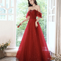 Dark Red Off the Shoulder Tulle Long A-Line Prom Dress - Thumbnail 1