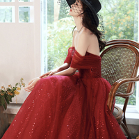 Dark Red Off the Shoulder Tulle Long A-Line Prom Dress - Thumbnail 2