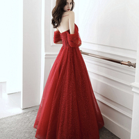 Dark Red Off the Shoulder Tulle Long A-Line Prom Dress - Thumbnail 4