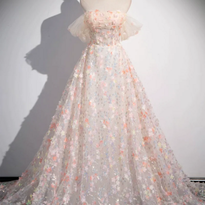 Beautiful floor length sequins and flowers party dress, off the shoulder tulle formal dress kpp1584