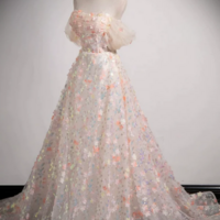 Beautiful Floor Length Sequins and Flowers Party Dress, Off the Shoulder Tulle Formal Dress KPP1584 - Thumbnail 2