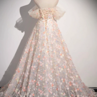 Beautiful Floor Length Sequins and Flowers Party Dress, Off the Shoulder Tulle Formal Dress KPP1584 - Thumbnail 4