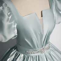 Cute Satin Floor Length Prom Dress, A Line Short Sleeve Evening Party Dress KPP1585 - Thumbnail 1