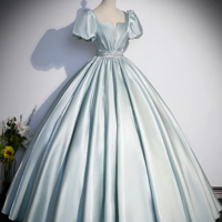 Cute Satin Floor Length Prom Dress, A Line Short Sleeve Evening Party Dress KPP1585 - Thumbnail 4