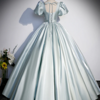 Cute Satin Floor Length Prom Dress, A Line Short Sleeve Evening Party Dress KPP1585 - Thumbnail 2