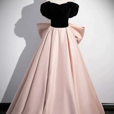 Black velvet and pink satin long prom dress, beautiful a line evening party dress with bow kpp1586