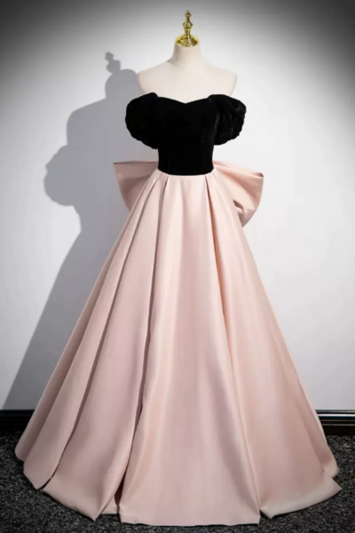 Black Velvet and Pink Satin Long Prom Dress, Beautiful A Line Evening Party Dress with Bow KPP1586