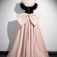 Black Velvet and Pink Satin Long Prom Dress, Beautiful A Line Evening Party Dress with Bow KPP1586 - Thumbnail 2
