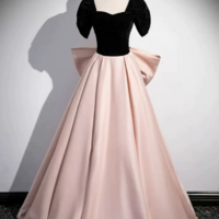 Black Velvet and Pink Satin Long Prom Dress, Beautiful A Line Evening Party Dress with Bow KPP1586 - Thumbnail 4