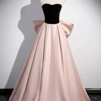 Black Velvet and Pink Satin Long Prom Dress, Beautiful A Line Evening Party Dress with Bow KPP1586 - Thumbnail 3