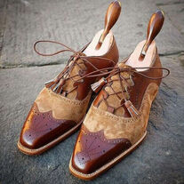  Handmade Men's Brown Leather Shoes,  Oxford Wingtip Brogue Shoes, Tassels and Laces Shoes with Tan Suede  