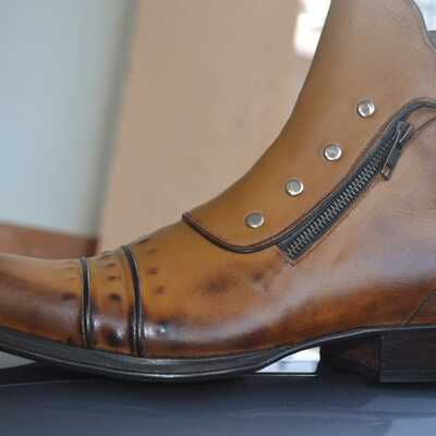 Jo ghost italian mens brown leather buckle strap ankle high jodhpur boot with side zipper and button