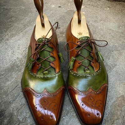 Gillye model brown and green patina leather wingtip oxford dress shoes