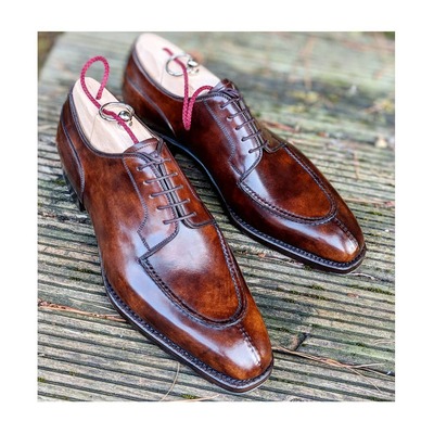 Handmade men brown patina leather oxford lace up formal dress shoes