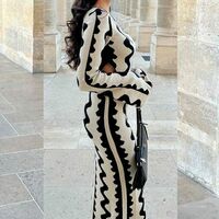 Wave Pattern Temperament Flare Sleeve Knitted Long Dress - Thumbnail 1