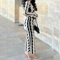 Wave Pattern Temperament Flare Sleeve Knitted Long Dress - Thumbnail 4