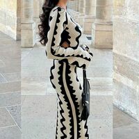 Wave Pattern Temperament Flare Sleeve Knitted Long Dress - Thumbnail 5
