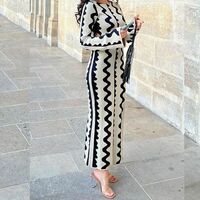 Wave Pattern Temperament Flare Sleeve Knitted Long Dress - Thumbnail 7