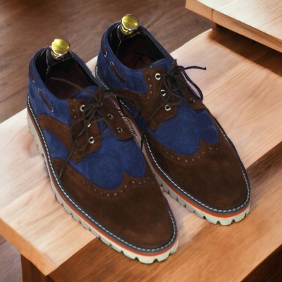 Men's handmade blue & dark brown leather suede, rubber sole lace up dress shoes