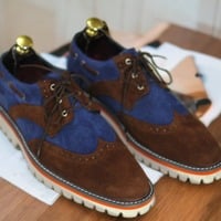 Men's Handmade Blue & Dark Brown Leather Suede, Rubber Sole Lace Up Dress Shoes - Thumbnail 1