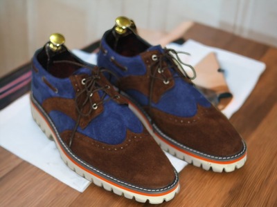 Handmade Men's Rubber Sole Lace UP Shoes, Leather Suede Blue & Dark Brown Dress Shoes