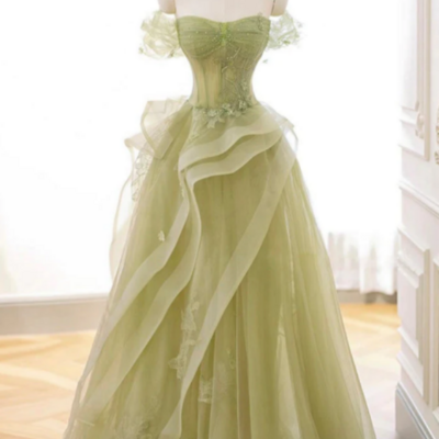 A line off shoulder tulle lace green long prom dress, green lace long formal dress kpp1588