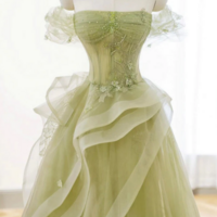 A Line Off Shoulder Tulle Lace Green Long Prom Dress, Green Lace Long Formal Dress KPP1588 - Thumbnail 2
