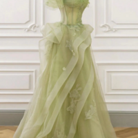 A Line Off Shoulder Tulle Lace Green Long Prom Dress, Green Lace Long Formal Dress KPP1588 - Thumbnail 1