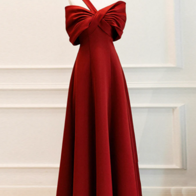 A line one shoulder satin burgundy long prom dress, burgundy long formal dress kpp1589