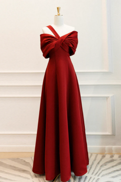 A Line One Shoulder Satin Burgundy Long Prom Dress, Burgundy Long Formal Dress KPP1589