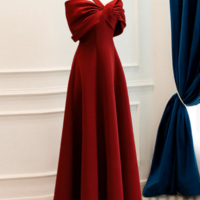 A Line One Shoulder Satin Burgundy Long Prom Dress, Burgundy Long Formal Dress KPP1589 - Thumbnail 2