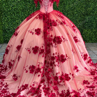 Off The Shoulder Red Lace Quinceanera Dresses Custom Made 3D Flower - Thumbnail 1