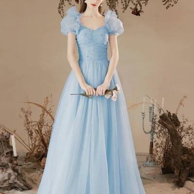 A-line sweetheart neck tulle long blue prom dresses