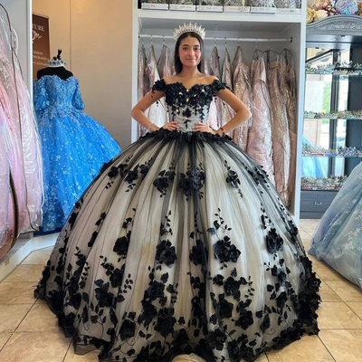 Ball gown 15 black quinceanera dresses crystal with 3d flowers girl birthday dress