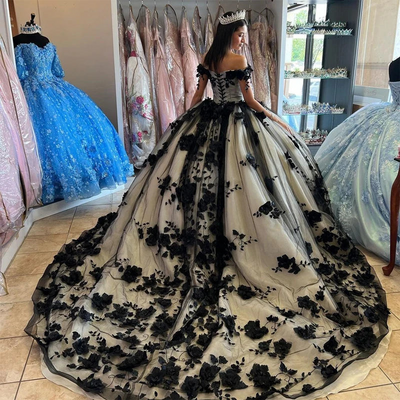 Ball Gown 15 Black Quinceanera Dresses Crystal With 3D Flowers Girl Birthday Dress