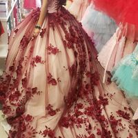 Princess Crystals Burgundy Quinceanera Dresses With 3D Flowers - Thumbnail 1