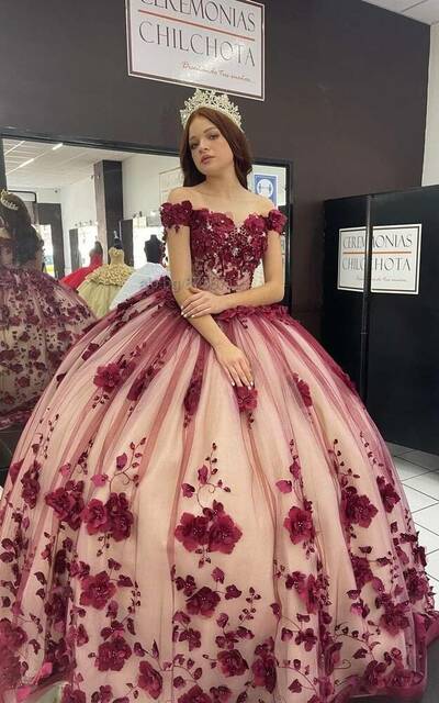 Princess Crystals Burgundy Quinceanera Dresses With 3D Flowers
