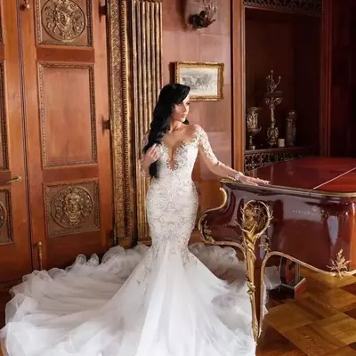 Luxury arabic mermaid wedding dresses dubai sparkly crystals long sleeves bridal gowns court train tulle skirt robes de mariee - Thumbnail 1