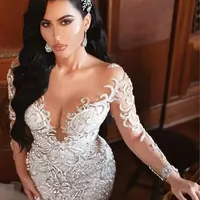 Luxury Arabic Mermaid Wedding Dresses Dubai Sparkly Crystals Long Sleeves Bridal Gowns Court Train Tulle Skirt robes de mariee - Thumbnail 2