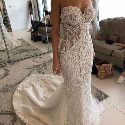 Luxurious lace beaded wedding dresses mermaid sweetheart bridal dresses vintage wedding gowns  - Thumbnail 2