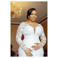 Plus Size Arabic Aso Ebi Lace Beaded Mermaid Wedding Gowns Sheer Neck Long Sleeves Vintage Bridal Dresses  - Thumbnail 2