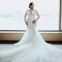 Plus Size Arabic Aso Ebi Lace Beaded Mermaid Wedding Gowns Sheer Neck Long Sleeves Vintage Bridal Dresses  - Thumbnail 3