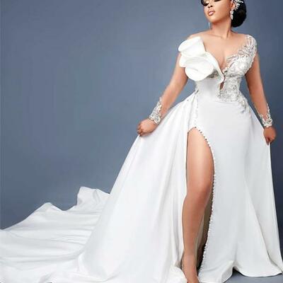 Plus size arabic aso ebi mermaid lace crystals wedding gowns sheer neck high split detachable train bridal dresses - Thumbnail 1