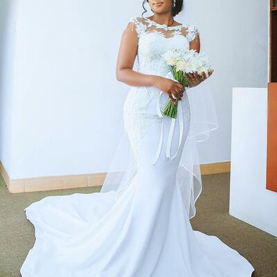 Beaded mermaid wedding dresses sheer neck bridal dresses satin wedding gowns - Thumbnail 1