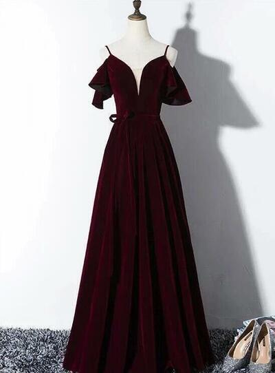 Elegant Wine Red Velvet Long Prom Dress With Straps