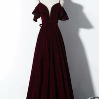 Elegant Wine Red Velvet Long Prom Dress With Straps - Thumbnail 1