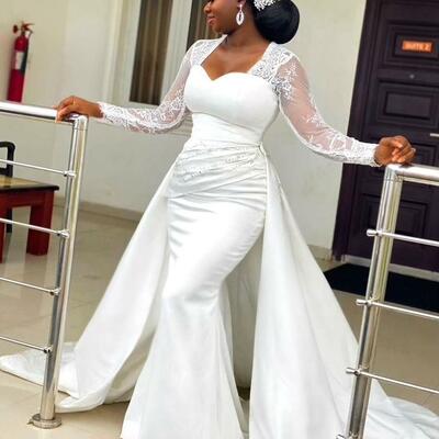 Plus size arabic aso ebi lace beaded mermaid wedding gowns long sleeves satin sweep train bridal dresses - Thumbnail 2
