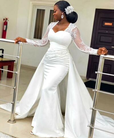 Plus Size Arabic Aso Ebi Lace Beaded Mermaid Wedding Gowns Long Sleeves Satin Sweep Train Bridal Dresses