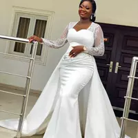 Plus Size Arabic Aso Ebi Lace Beaded Mermaid Wedding Gowns Long Sleeves Satin Sweep Train Bridal Dresses - Thumbnail 1