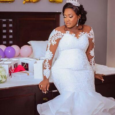 Plus size arabic sheer neck lace wedding gowns long sleeves mermaid vintage sexy bridal dresses  - Thumbnail 3